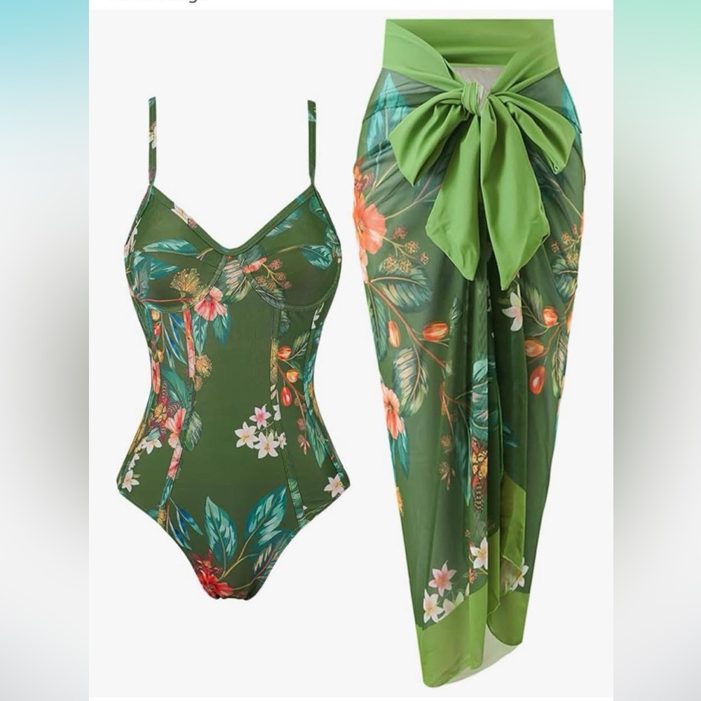 ❌TRADED❌ Floral Green Swimsuit and Sarong Set